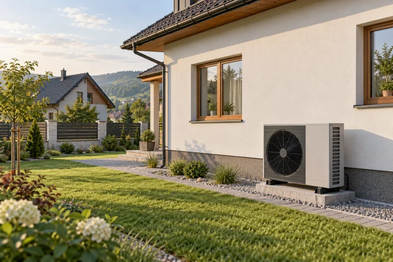 Vonkajšia jednotka pri dome s voľným priestorom pred ventilátorom.